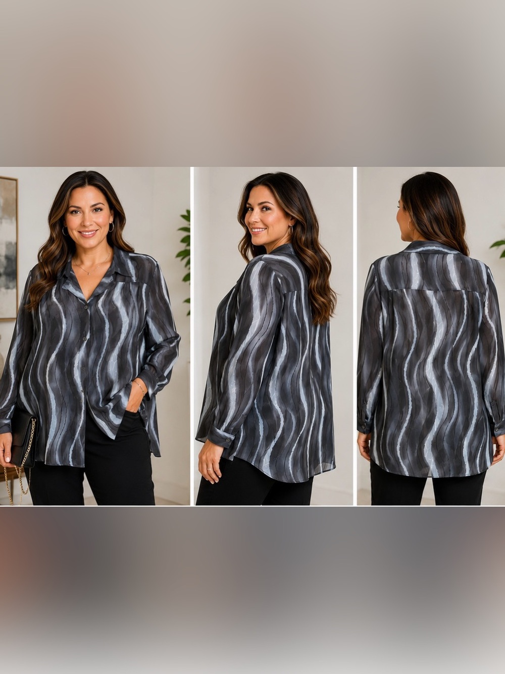 Wardrobe Woman New York Gray Abstract Sheer Button Front Blouse